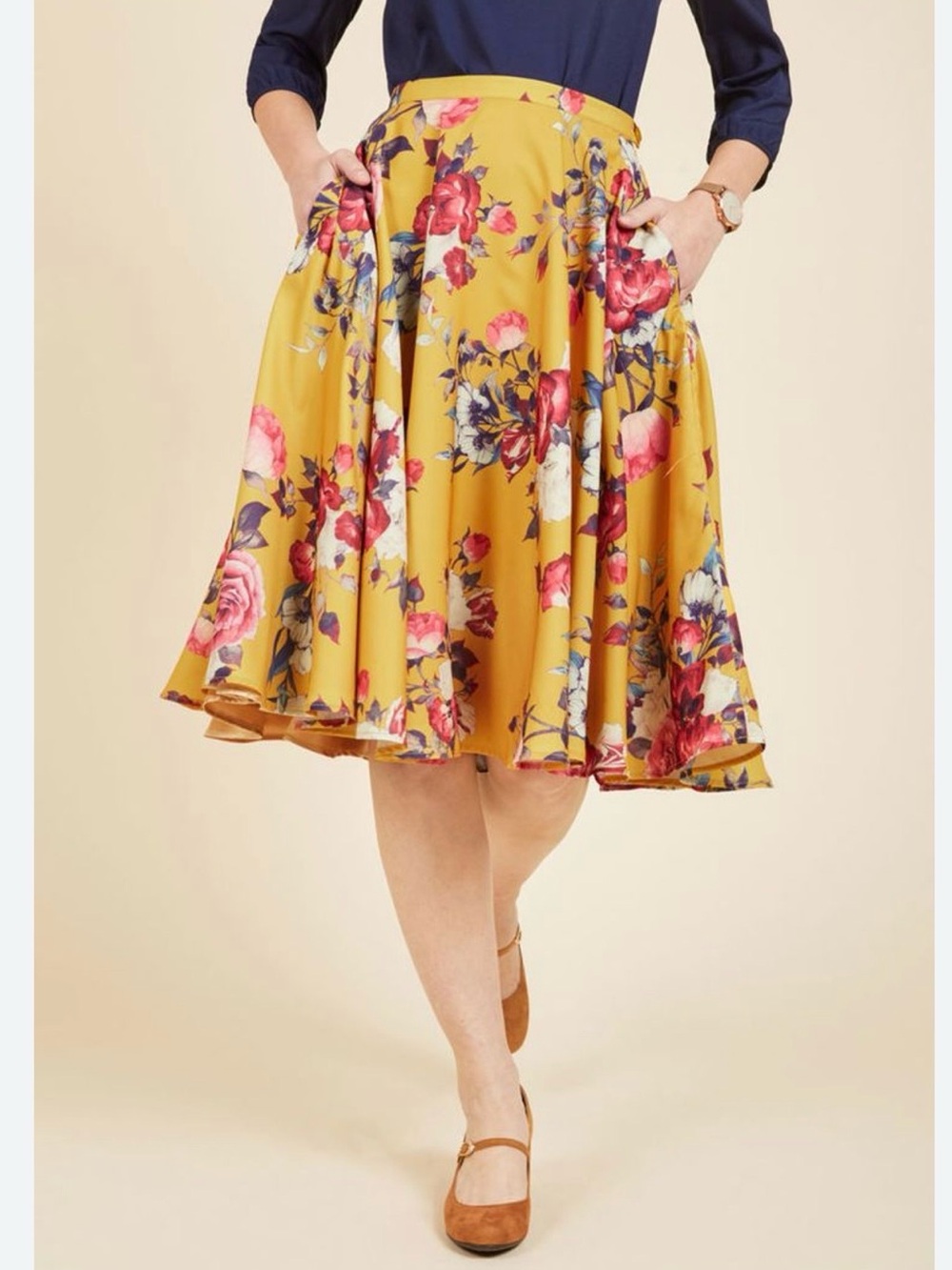 Modcloth Vibrant Yellow Floral High‎ Waist Vintage Inspired A Line Mod Skirt L